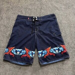 Quiksilver 90s Board Shorts Mens 38 Navy Blue Y2K Fire Water Graphic Surf Cargo